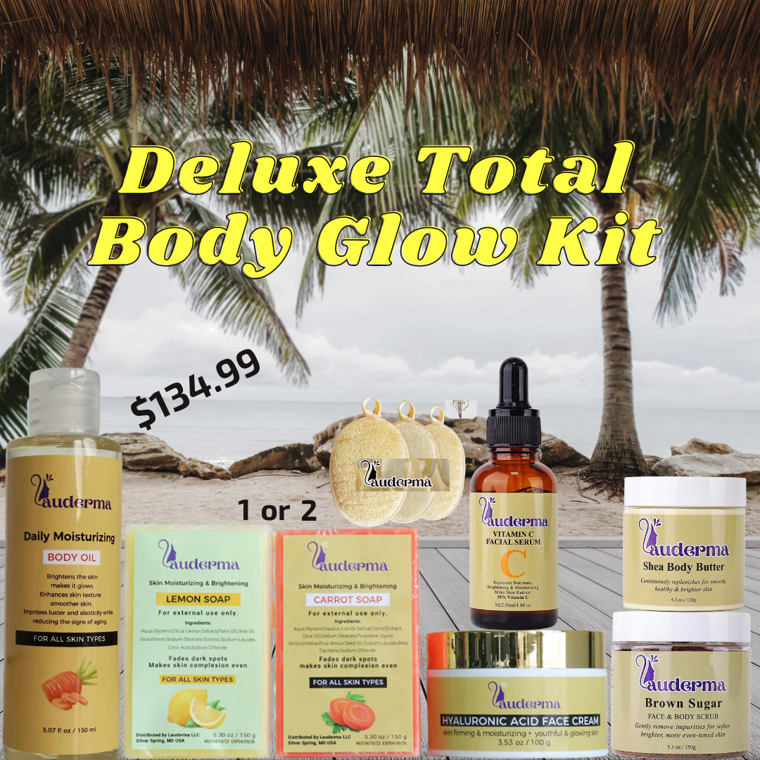 ultimate body glow kit to enhance the skin's appearance. All the products aligned near the beach